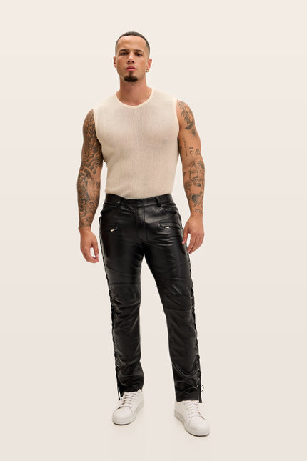 Lambskin Lace-Up Leather Pants - Black