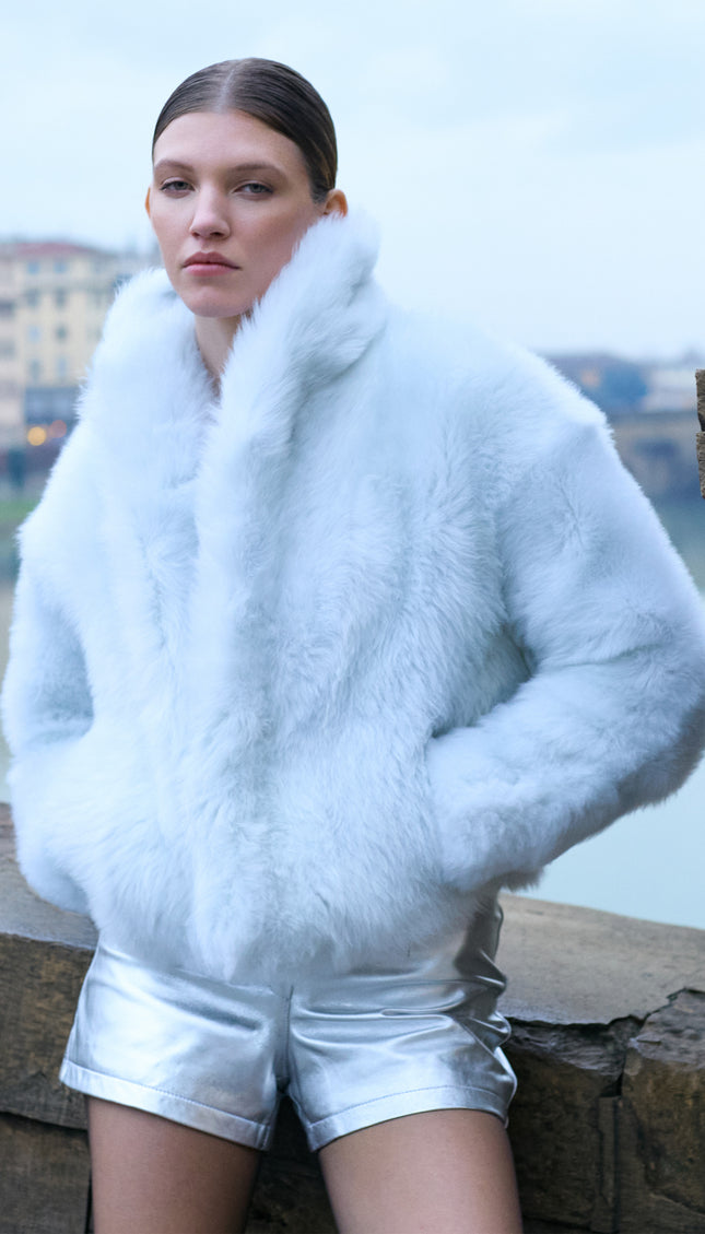 Shawl High Collar Toscana Shearling Jacket - White