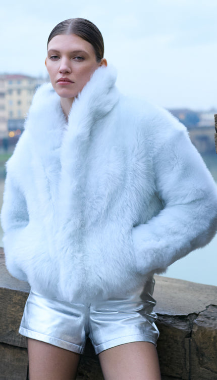 Shawl High Collar Toscana Shearling Jacket - White