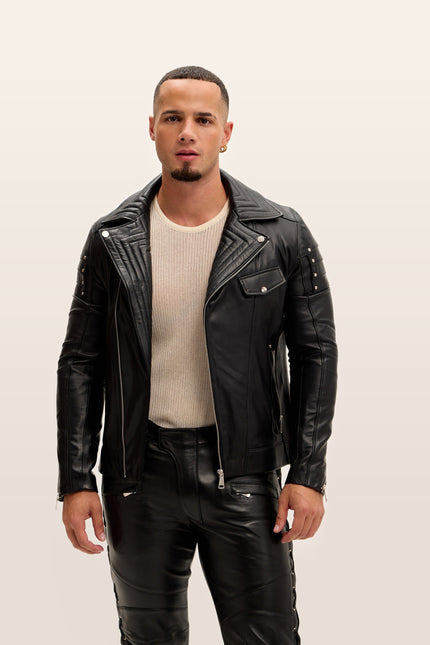 Shoulder Detail Leather Moto Jacket - Black