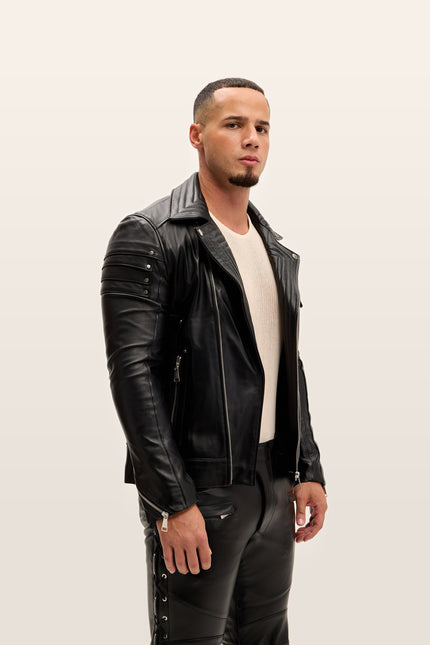 Shoulder Detail Leather Moto Jacket - Black