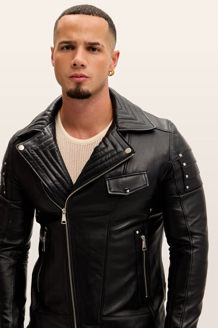 Shoulder Detail Leather Moto Jacket - Black