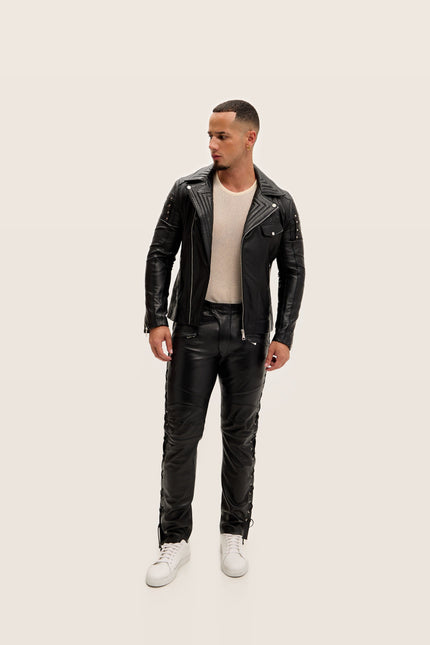 Shoulder Detail Leather Moto Jacket - Black
