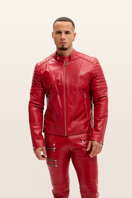 Piping Detail Leather Roadster Jacket - Red