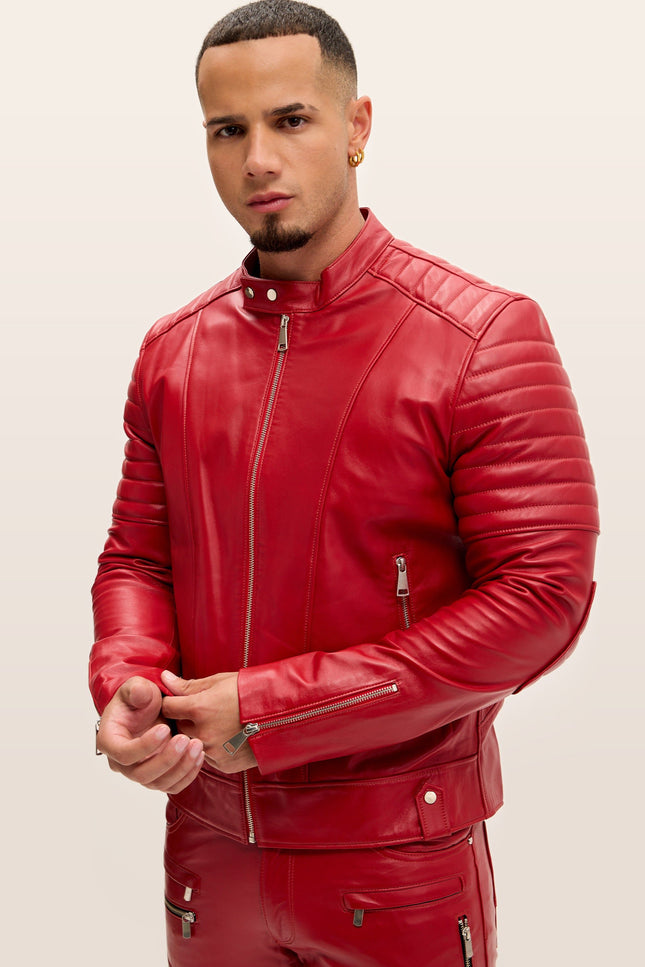 Piping Detail Leather Roadster Jacket - Red