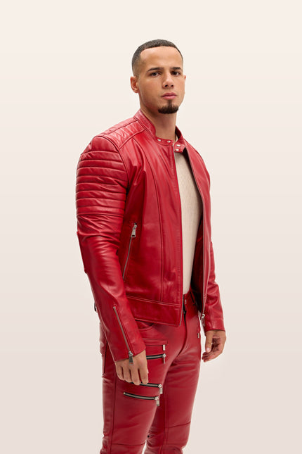 Piping Detail Leather Roadster Jacket - Red