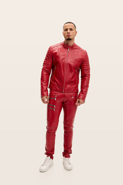 Piping Detail Leather Roadster Jacket - Red