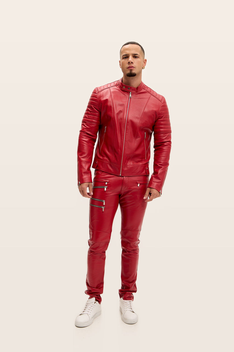 Piping Detail Leather Roadster Jacket - Red