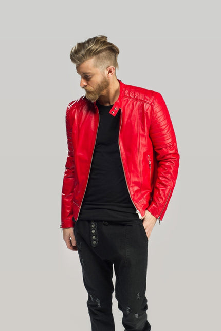 Piping Detail Leather Roadster Jacket - Red