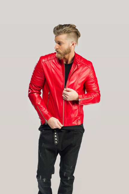 Piping Detail Leather Roadster Jacket - Red
