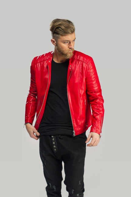 Piping Detail Leather Roadster Jacket - Red