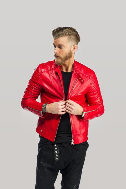 Piping Detail Leather Roadster Jacket - Red