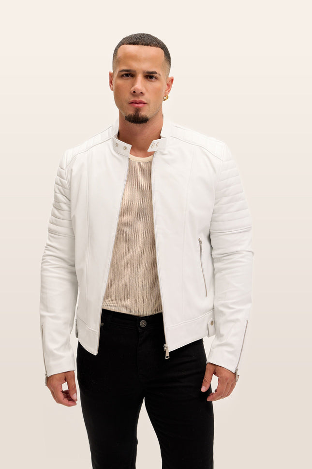 Piping Detail Leather Roadster Jacket - White