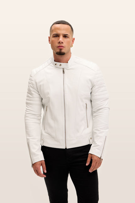 Piping Detail Leather Roadster Jacket - White