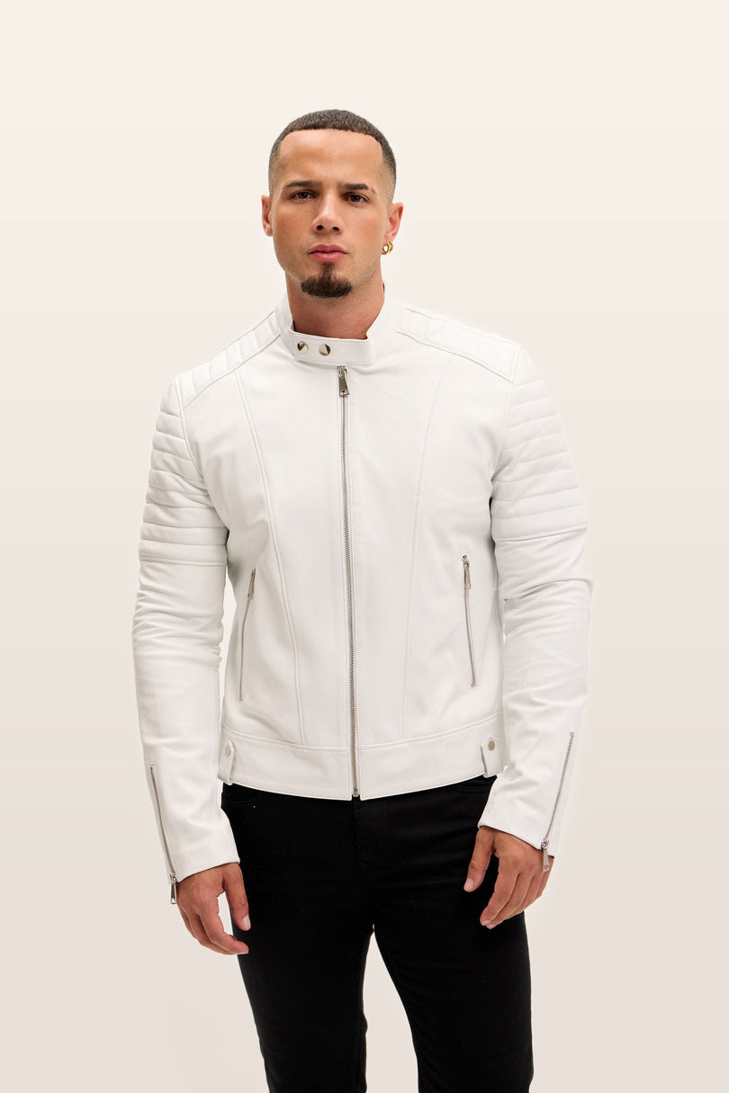 Piping Detail Leather Roadster Jacket - White