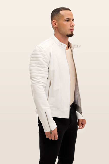 Piping Detail Leather Roadster Jacket - White