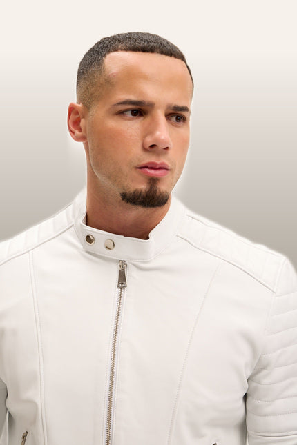Piping Detail Leather Roadster Jacket - White