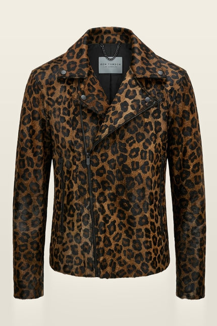 Leopard Calf Hair Asymmetric Moto Jacket - Black Leopard