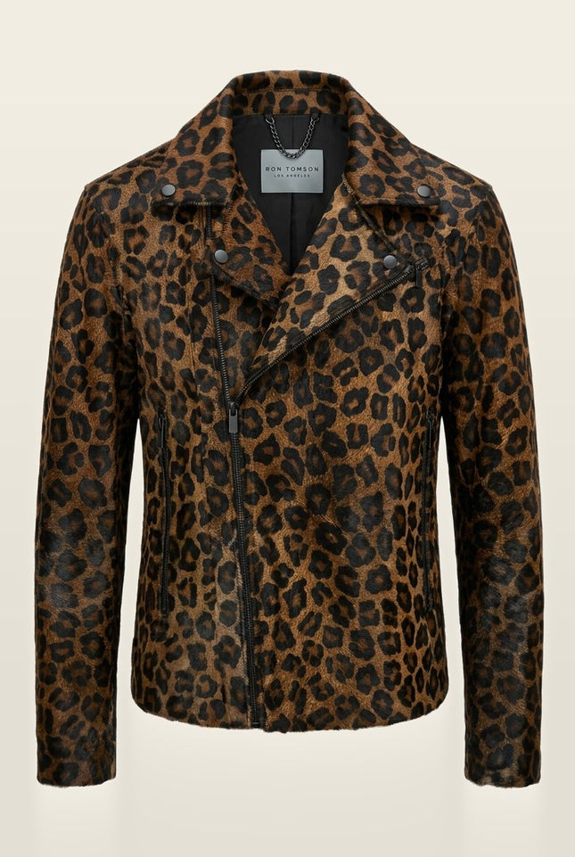 Leopard Calf Hair Asymmetric Moto Jacket - Black Leopard