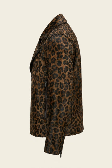 Leopard Calf Hair Asymmetric Moto Jacket - Black Leopard