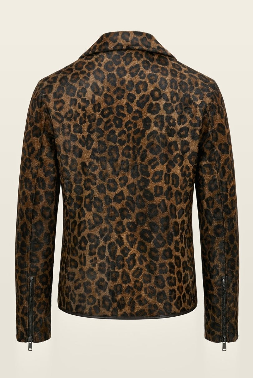 Leopard Calf Hair Asymmetric Moto Jacket - Black Leopard