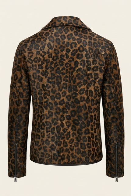 Calf Hair Asymmetric Leather Jacket - Black Leopard - Back