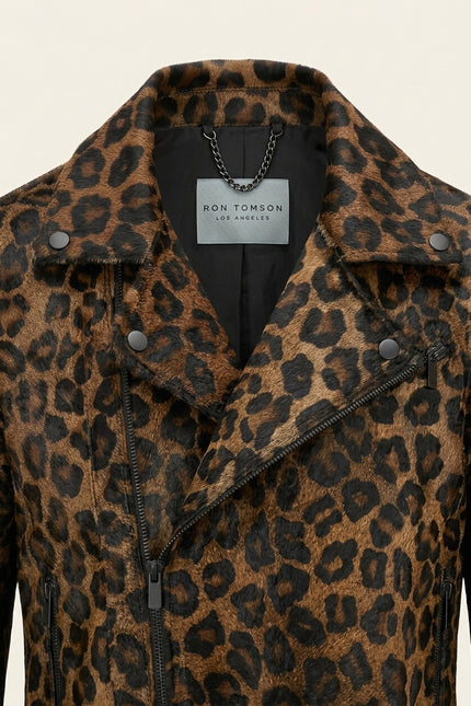 Calf Hair Asymmetric Leather Jacket - Black Leopard - Detail