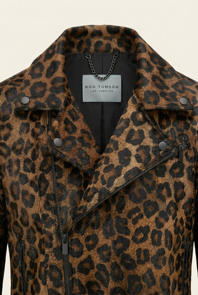 Calf Hair Asymmetric Leather Jacket - Black Leopard - Detail