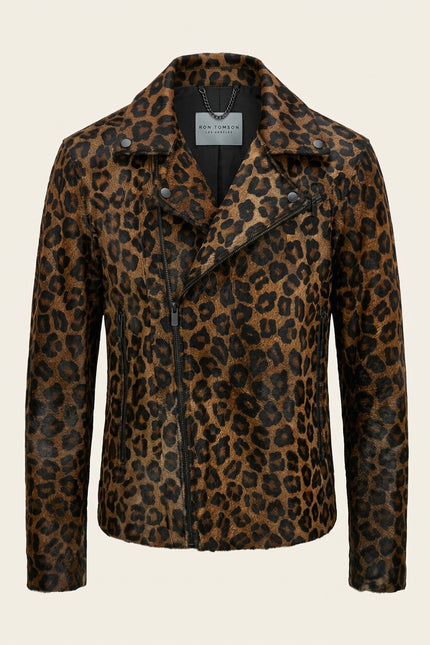 Calf Hair Asymmetric Leather Jacket - Black Leopard - Front