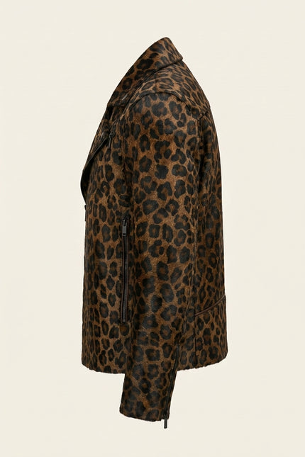 Calf Hair Asymmetric Leather Jacket - Black Leopard - Side