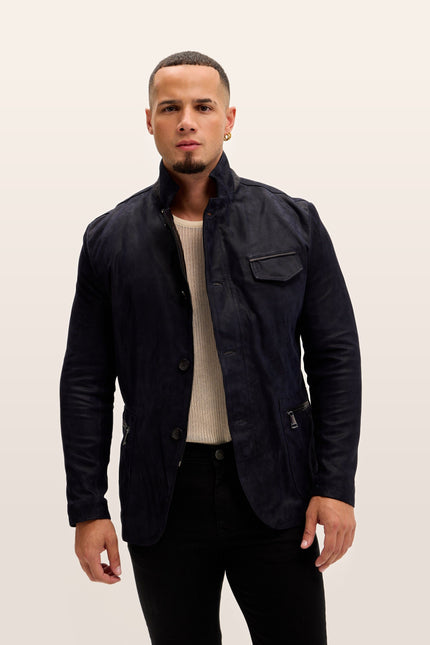 Mandarin Collar Lambskin Suede Jacket - Navy