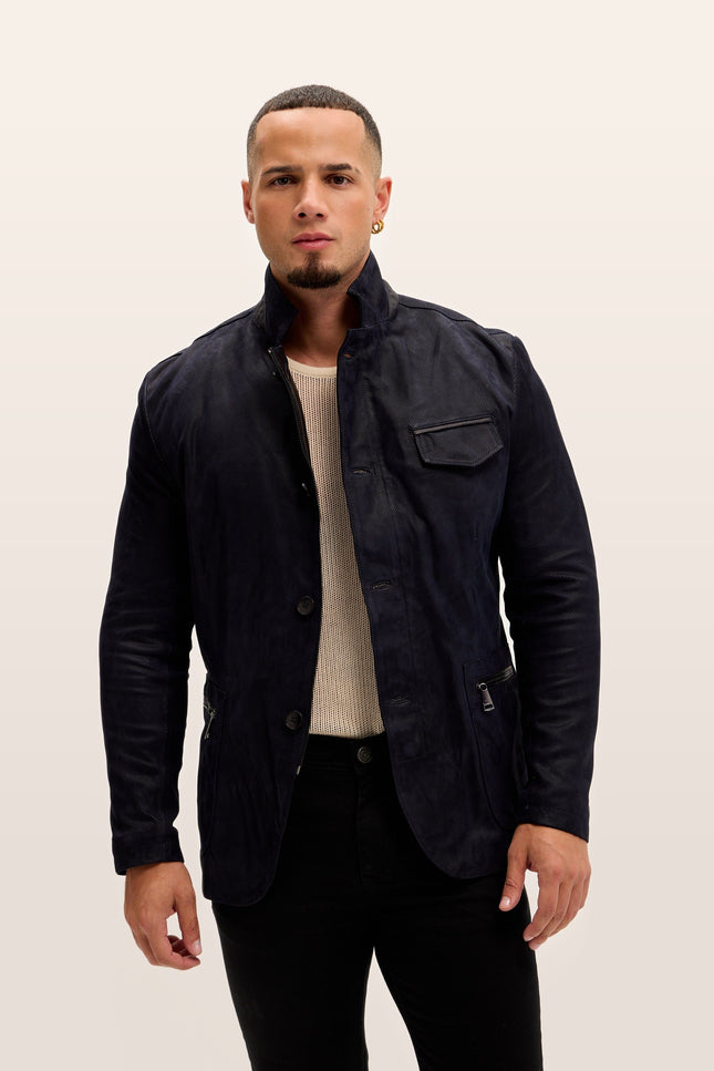 Mandarin Collar Lambskin Suede Jacket - Navy