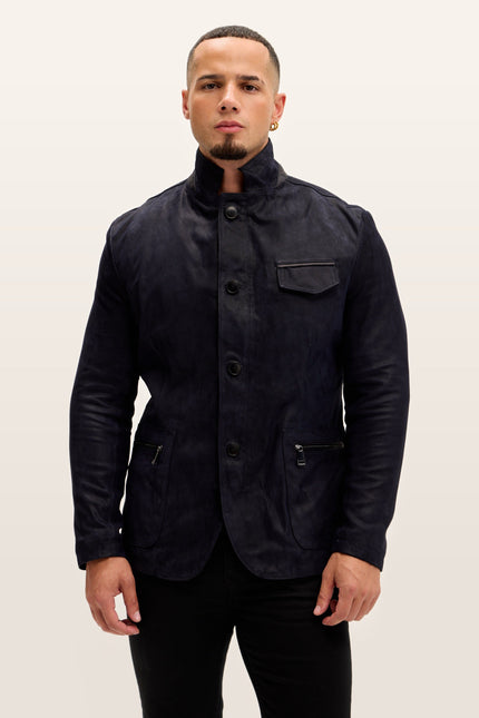 Mandarin Collar Lambskin Suede Jacket - Navy