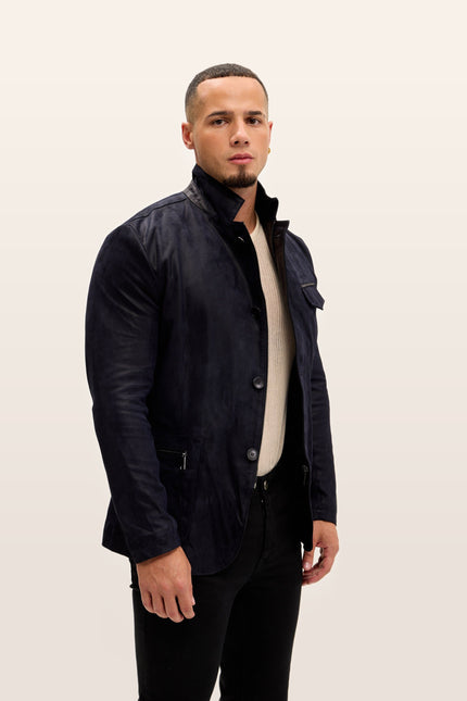 Mandarin Collar Lambskin Suede Jacket - Navy