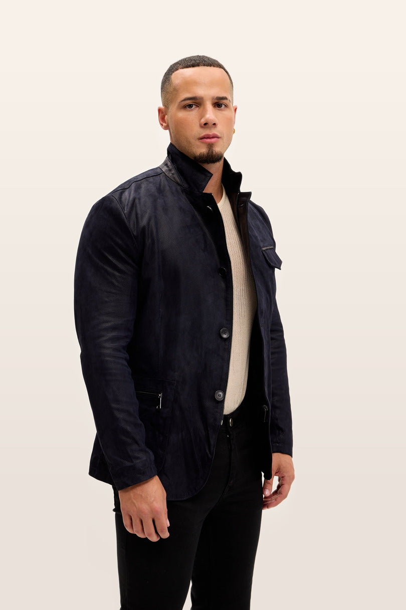 Mandarin Collar Lambskin Suede Jacket - Navy