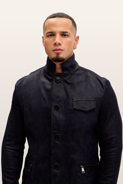 Mandarin Collar Lambskin Suede Jacket - Navy