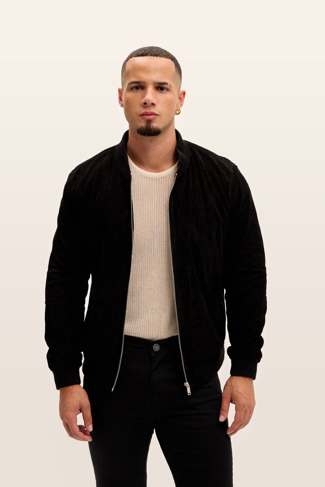 Classic Suede Leather Bomber - Black