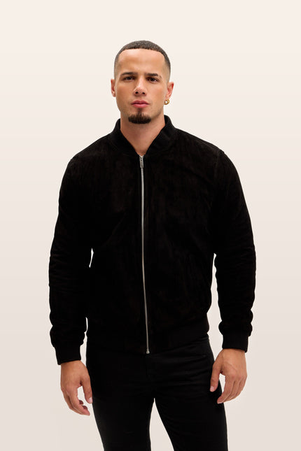 Classic Suede Leather Bomber - Black