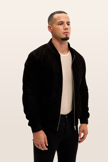 Classic Suede Leather Bomber - Black