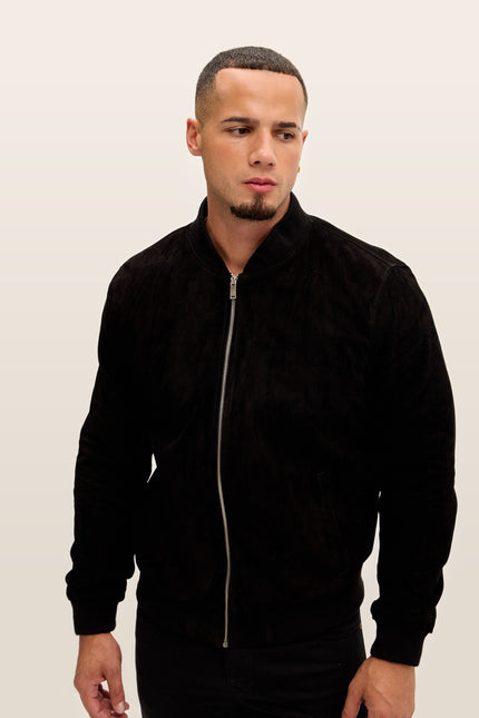 Classic Suede Leather Bomber - Black
