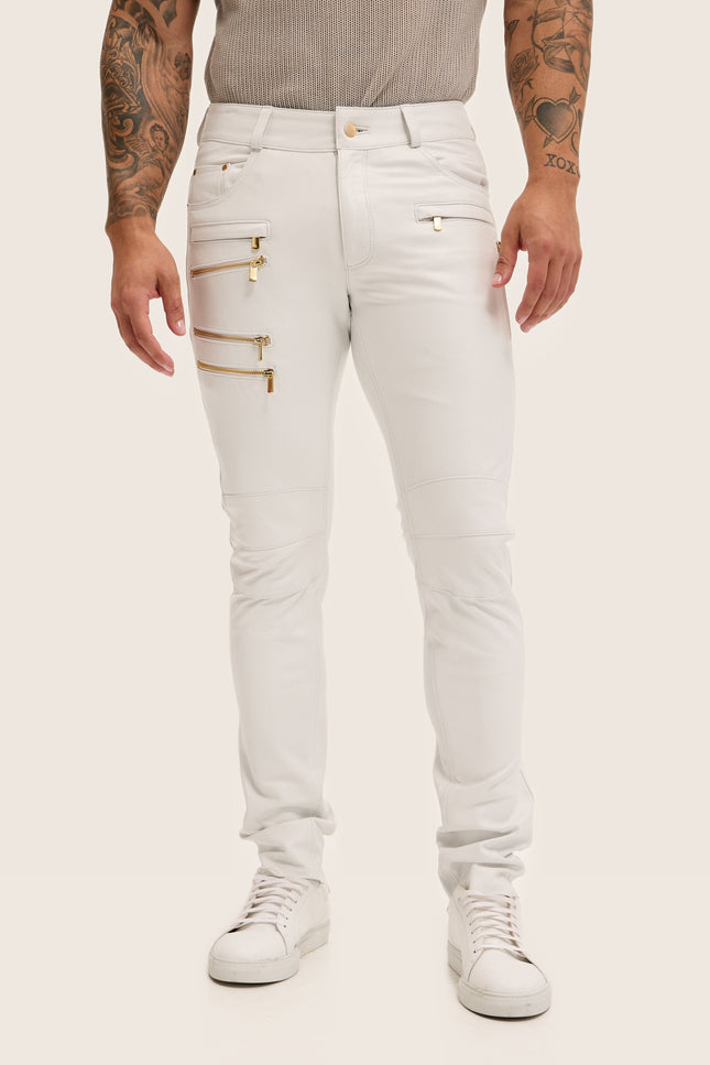 Multi-Zipper Nappa Lambskin Leather Pants - White Gold