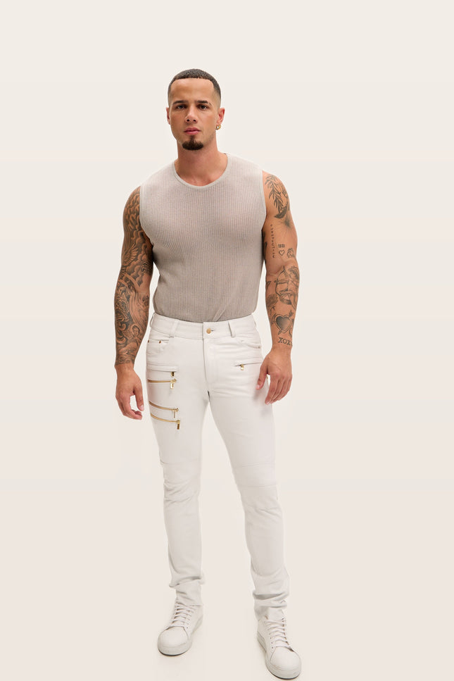 Multi-Zipper Nappa Lambskin Leather Pants - White Gold