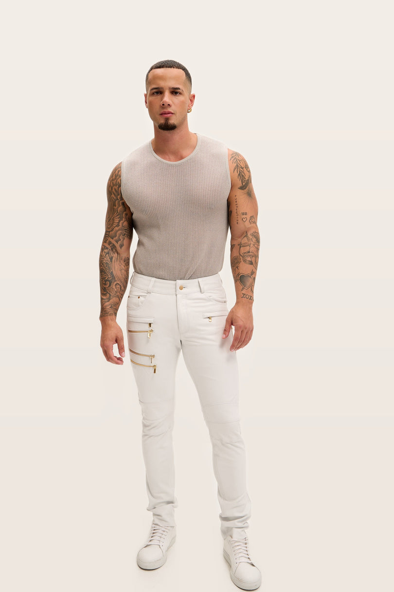 Multi-Zipper Nappa Lambskin Leather Pants - White Gold