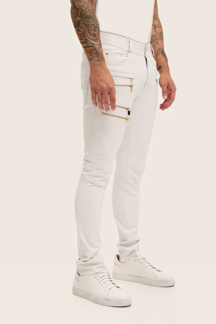 Multi-Zipper Nappa Lambskin Leather Pants - White Gold