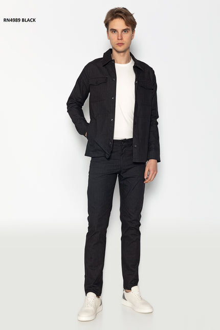 Snap Button Cotton Shirt Jacket - Black