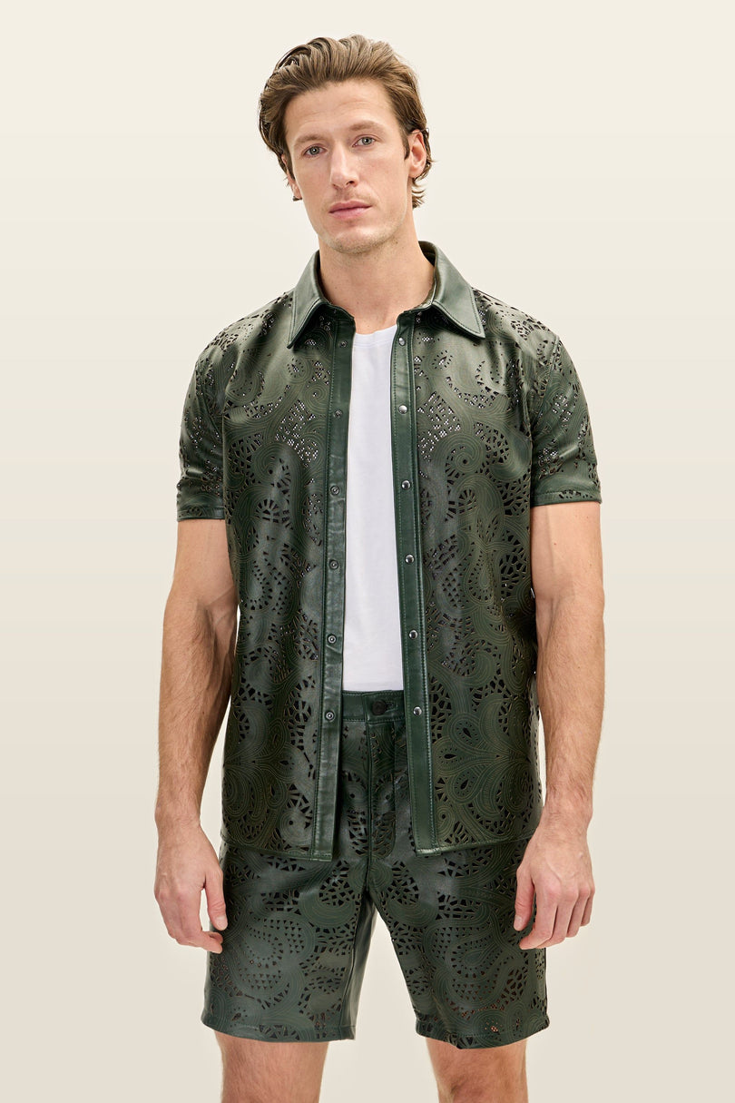 Cut-out Laser Leather Shirt - Green