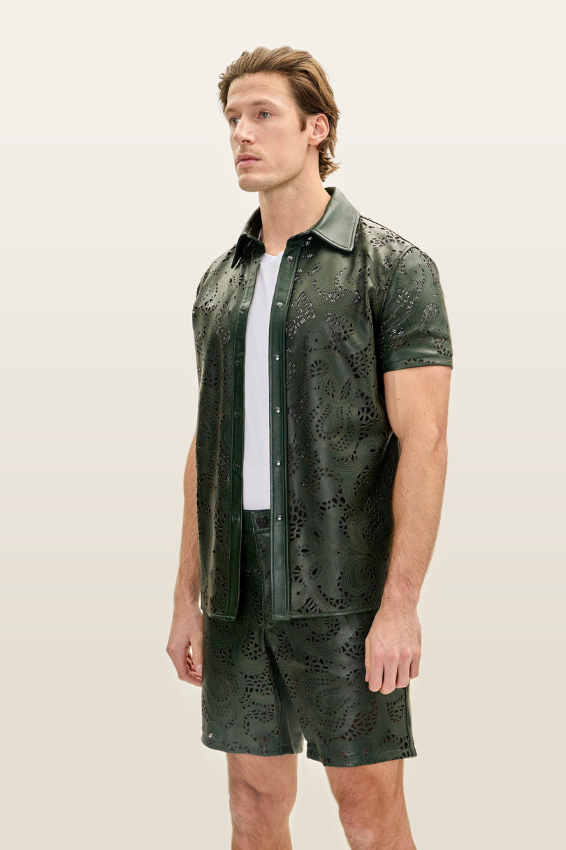 Cut-out Laser Leather Shirt - Green
