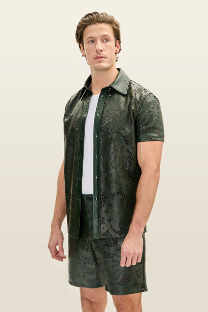 Cut-out Laser Leather Shirt - Green