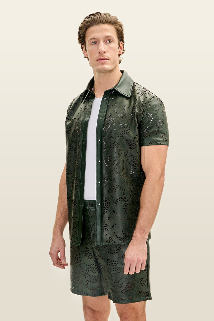 Cut-out Laser Leather Shirt - Green