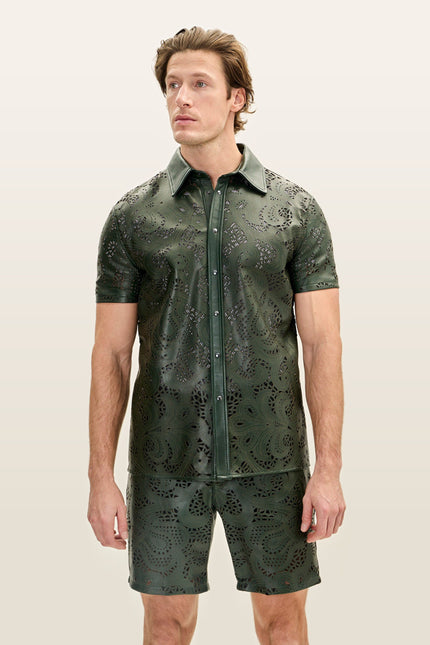 Cut-out Laser Leather Shirt - Green